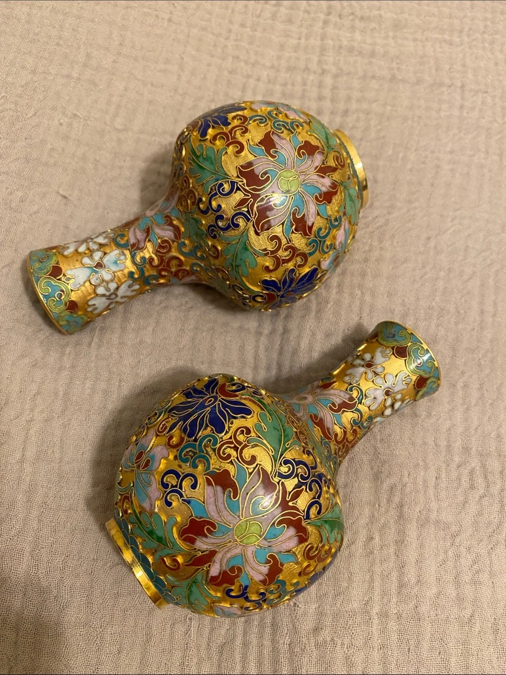 Hand-Painted Cloisonné Floral Vase Pair - Gold Multicolor